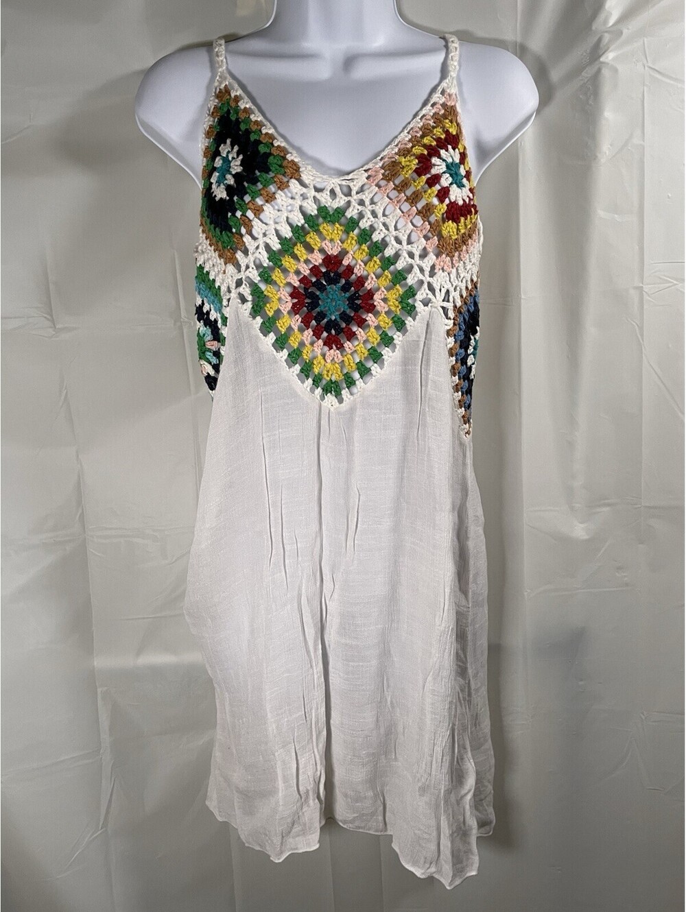 Boho Crochet Granny Square Swim Cover Up Dress White Patchwork Sun Mini Size S/M